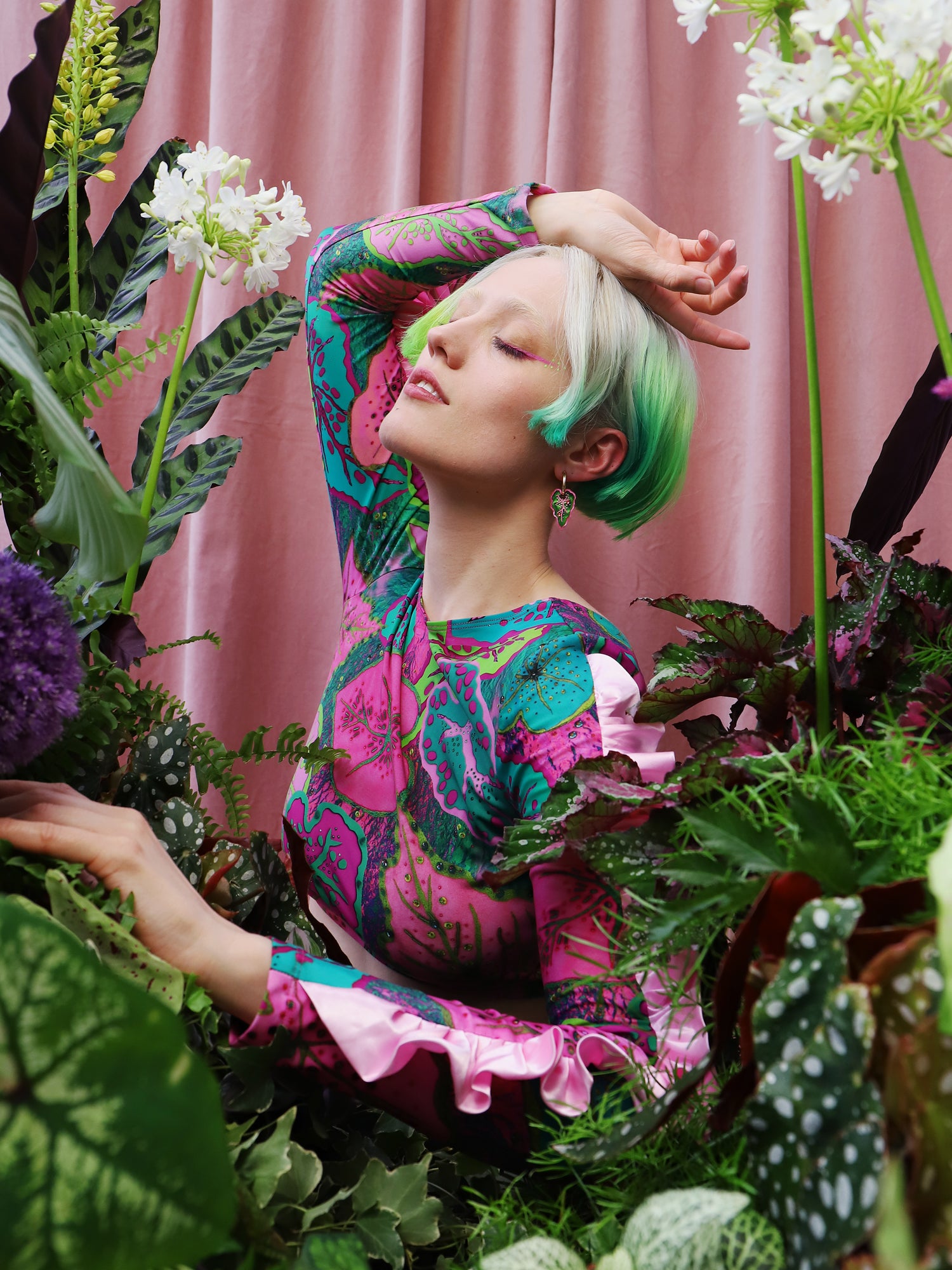 Heart-shaped caladium leaf hoop earrings. A design collaboration with L.O.M, a colourful party-wear brand. Handmade in the UK by Wolf & Moon.