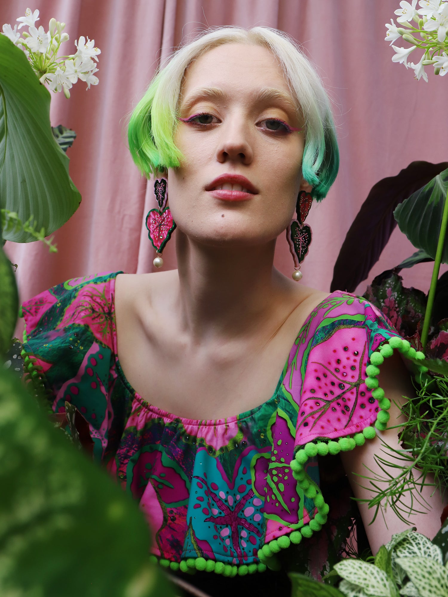  Heart-shaped caladium leaf statement earrings. A design collaboration with L.O.M, a colourful party-wear brand. Handmade in the UK by Wolf & Moon.