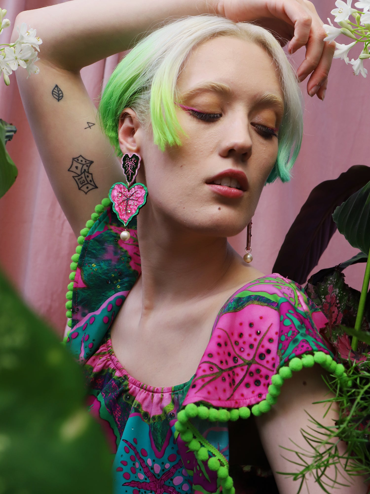  Heart-shaped caladium leaf statement earrings. A design collaboration with L.O.M, a colourful party-wear brand. Handmade in the UK by Wolf & Moon.