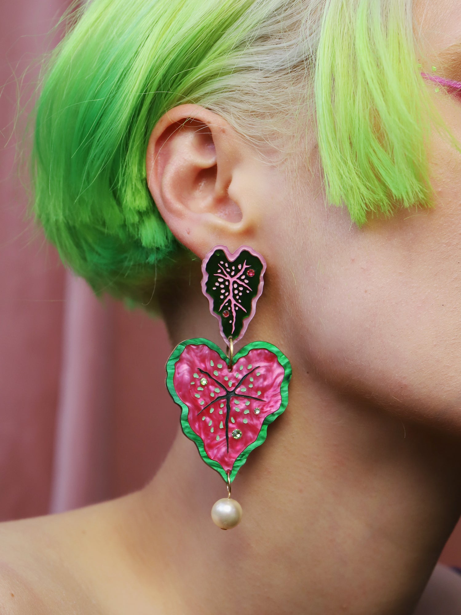  Heart-shaped caladium leaf statement earrings. A design collaboration with L.O.M, a colourful party-wear brand. Handmade in the UK by Wolf & Moon.