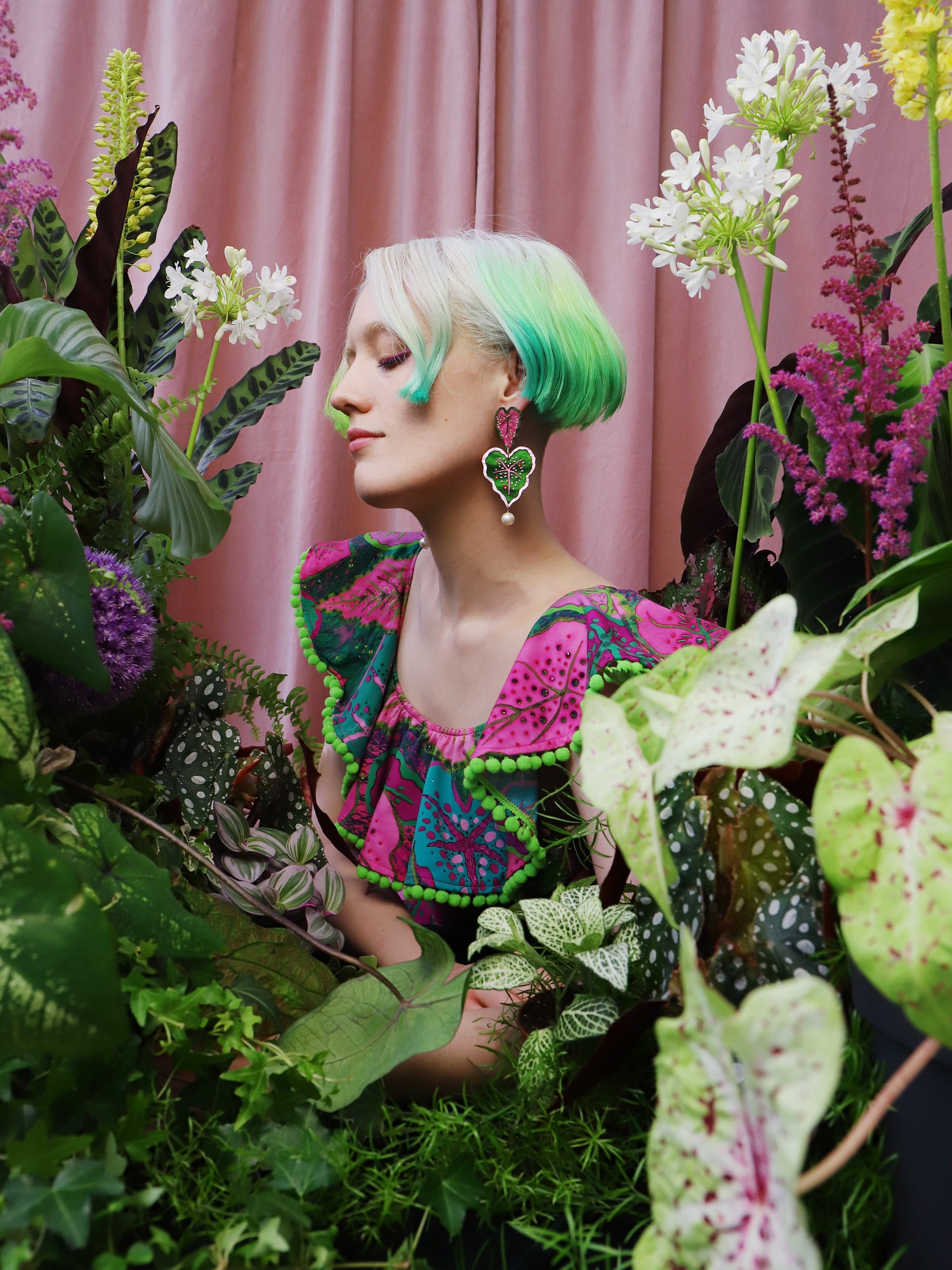  Heart-shaped caladium leaf statement earrings. A design collaboration with L.O.M, a colourful party-wear brand. Handmade in the UK by Wolf & Moon.