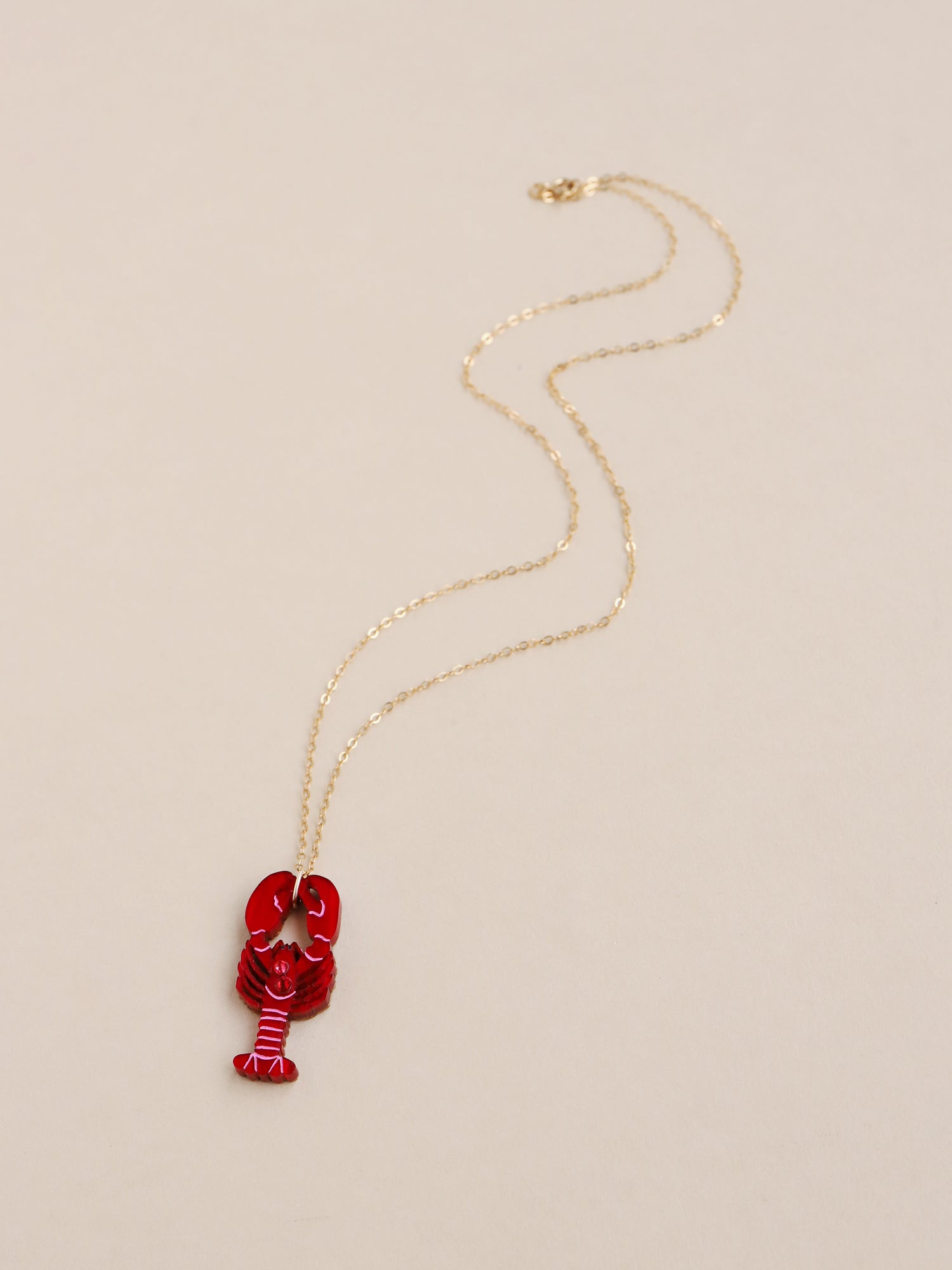  Red lobster necklace. Made from acrylic with high quality glass crystals and 14k gold-filled findings & chain. Handmade in the UK by Wolf & Moon.