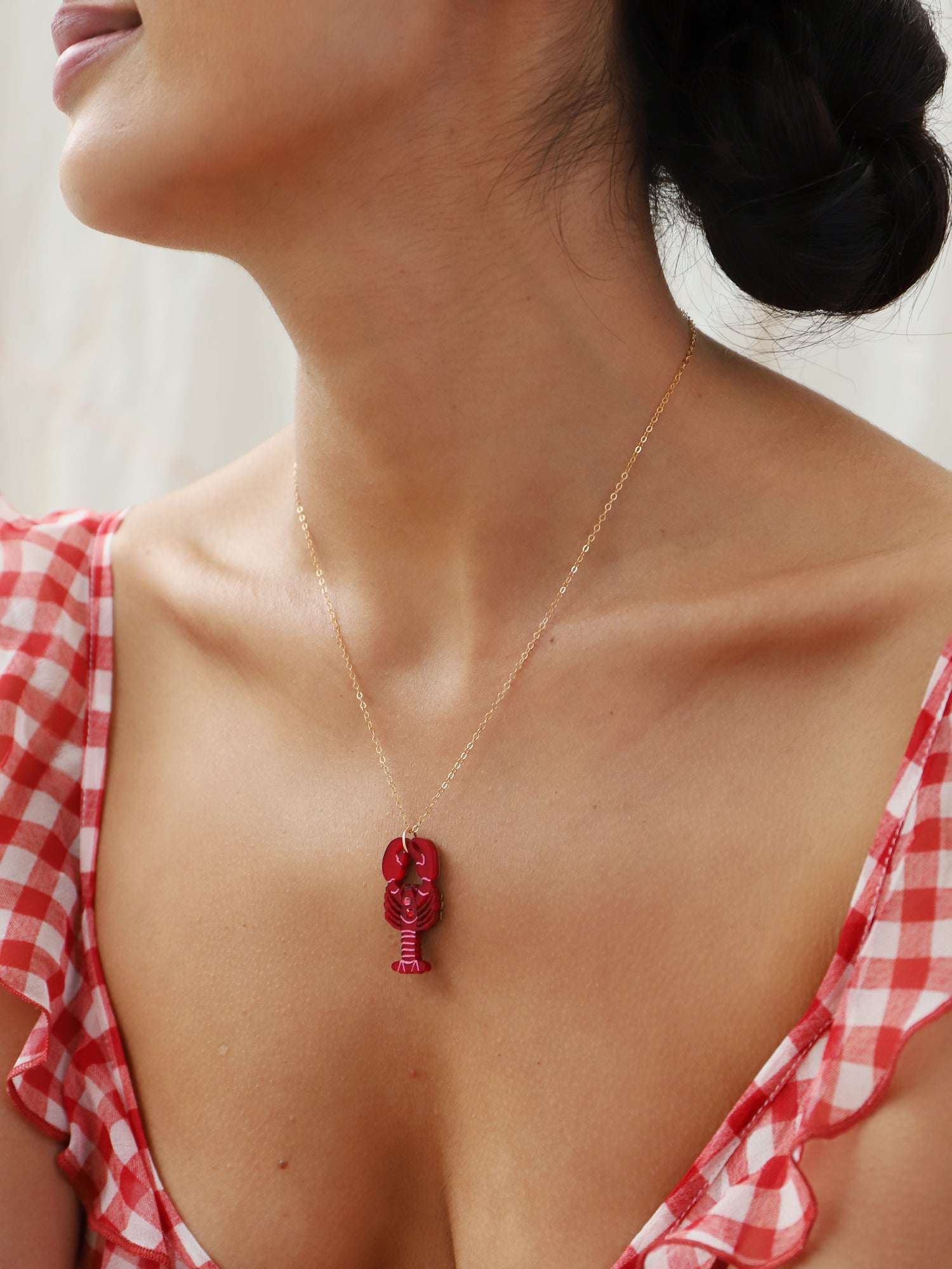  Red lobster necklace. Made from acrylic with high quality glass crystals and 14k gold-filled findings & chain. Handmade in the UK by Wolf & Moon.
