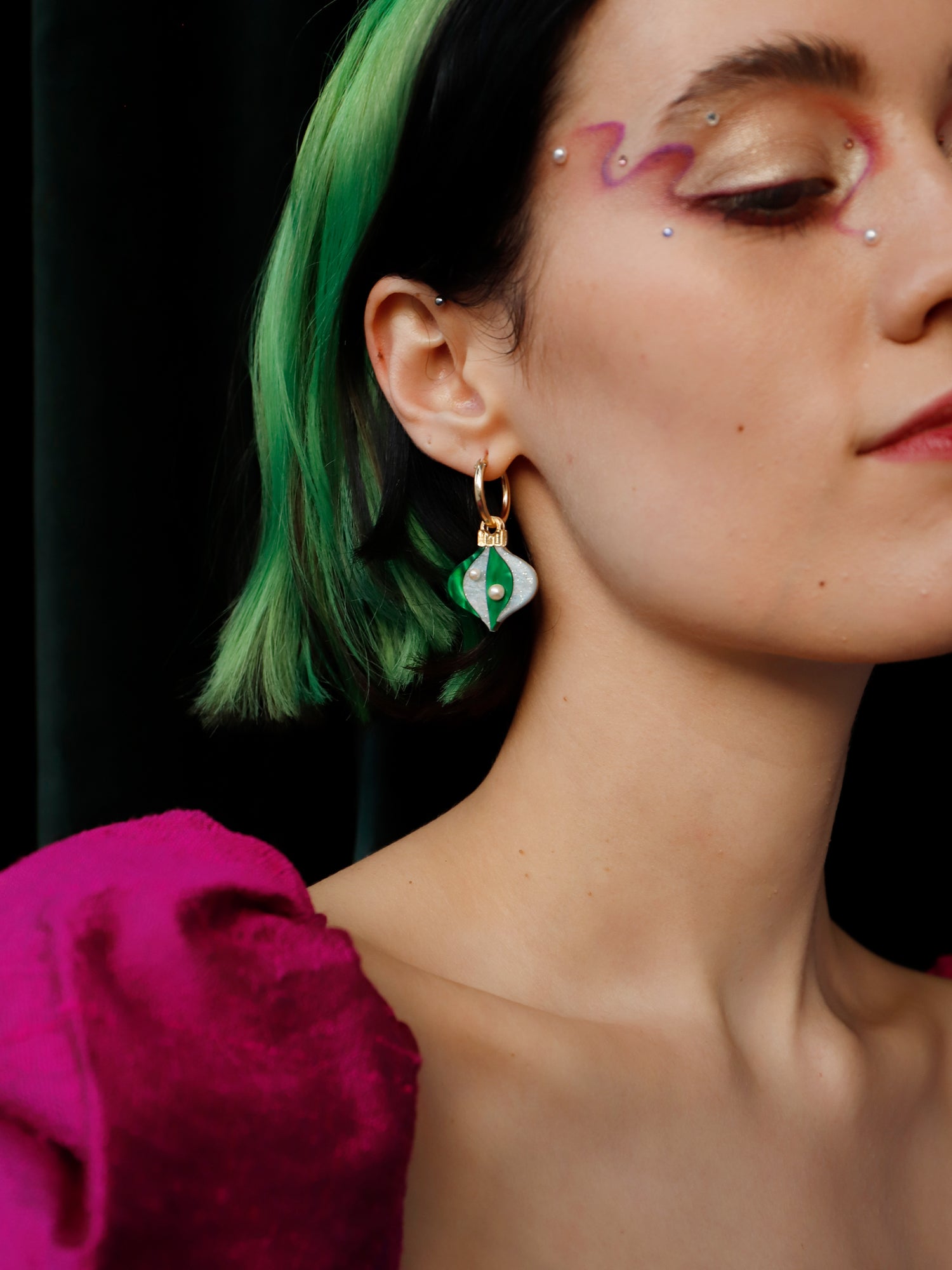 Vintage-inspired bauble hoops made from emerald and sparkly pale blue acrylic with gold mirror details. Wear with our gold-filled hoops. Handmade in London by Wolf & Moon.