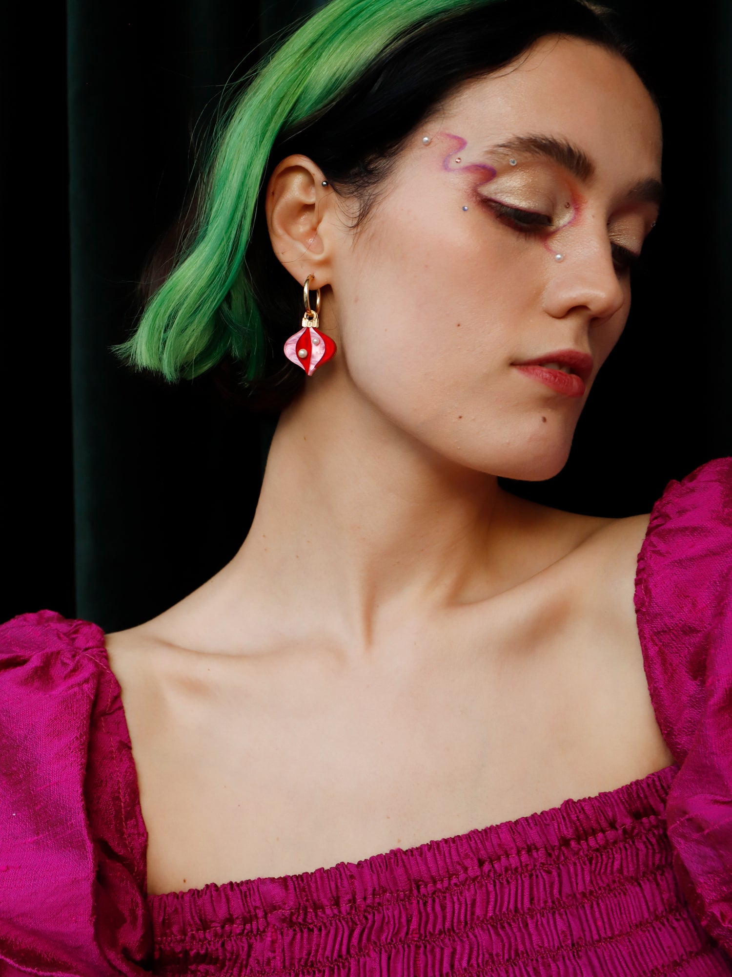 Vintage-inspired bauble hoops made from red and pink acrylic with gold mirror details. Wear with our gold-filled hoops. Handmade in London by Wolf & Moon.