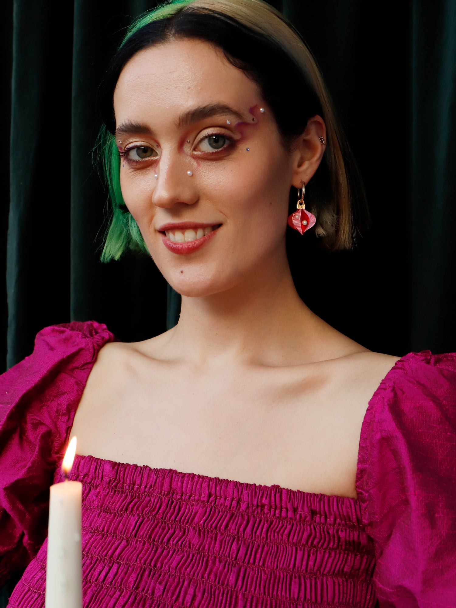 Vintage-inspired bauble hoops made from red and pink acrylic with gold mirror details. Wear with our gold-filled hoops. Handmade in London by Wolf & Moon.