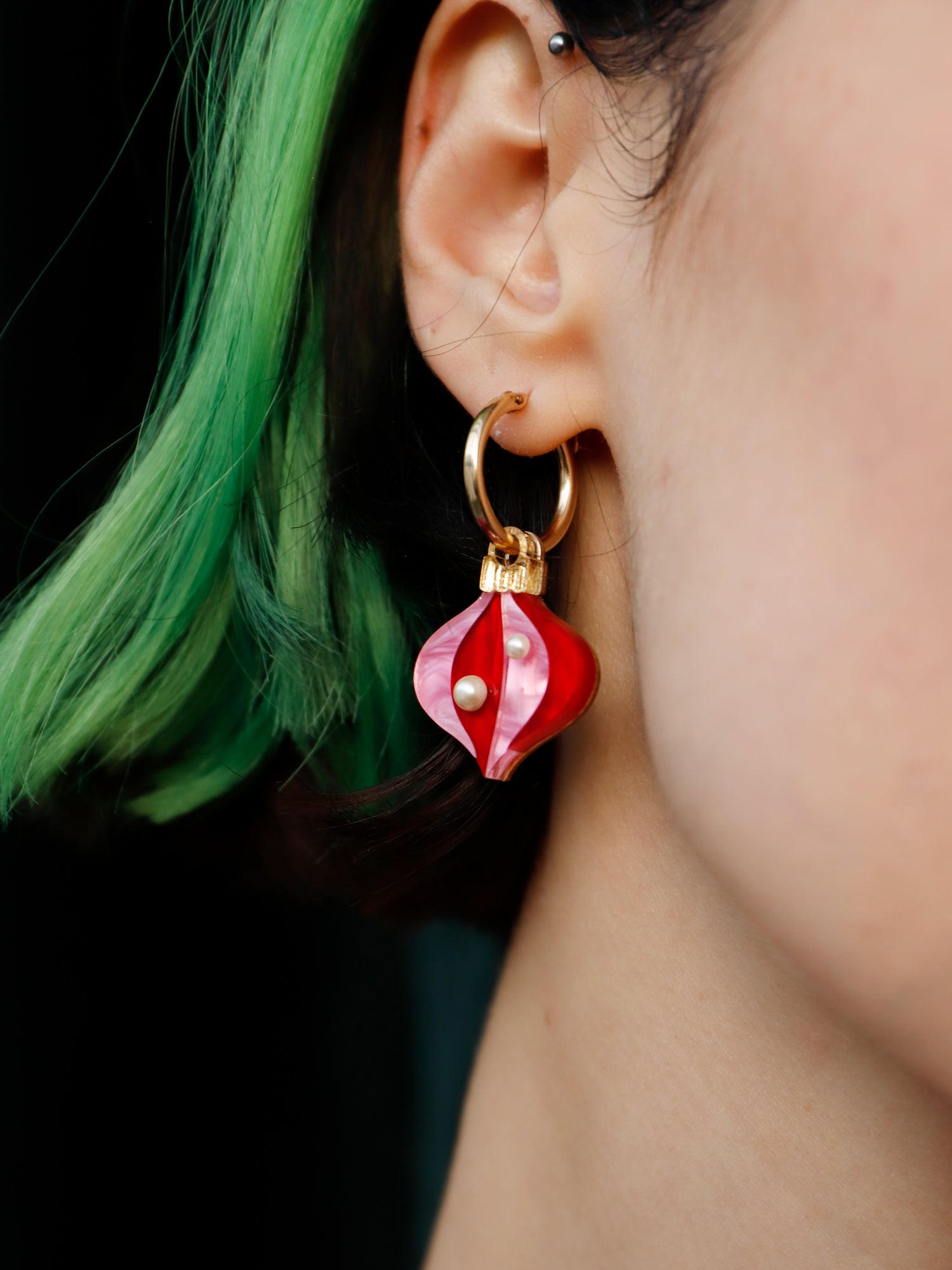 Vintage-inspired bauble hoops made from red and pink acrylic with gold mirror details. Wear with our gold-filled hoops. Handmade in London by Wolf & Moon.