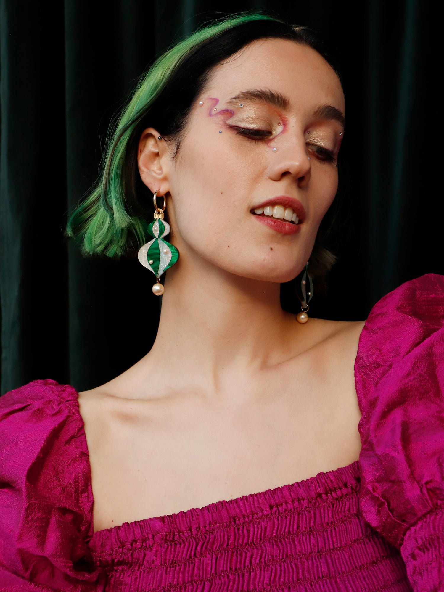 Vintage-inspired bauble statement hoops made from emerald green and sparkly pale blue marbled acrylic with gold mirror details. Wear with our gold-filled hoops. Handmade in London by Wolf & Moon.