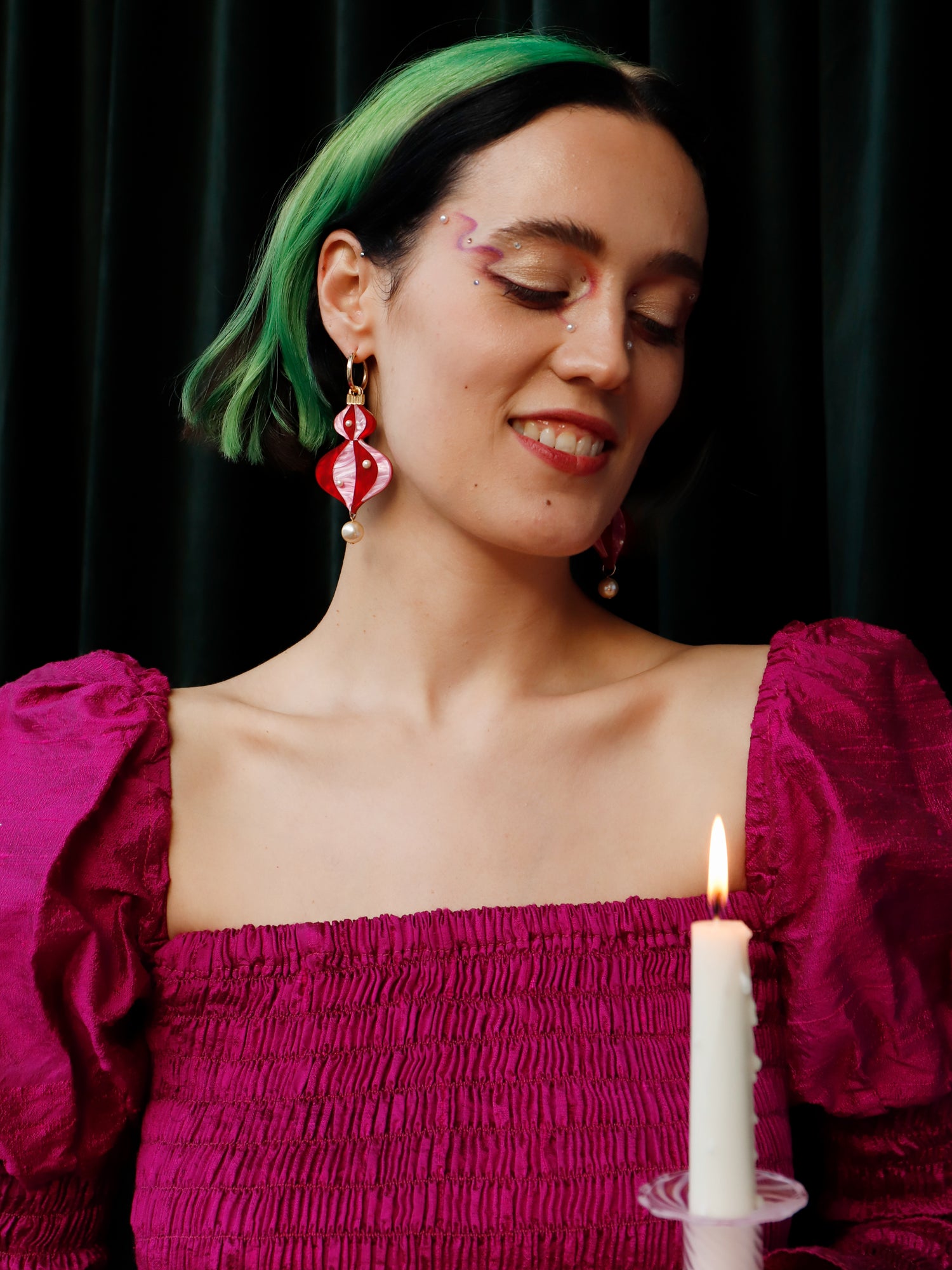 Vintage-inspired bauble statement hoops made from red and pink marbled acrylic with gold mirror details. Wear with our gold-filled hoops. Handmade in London by Wolf & Moon.