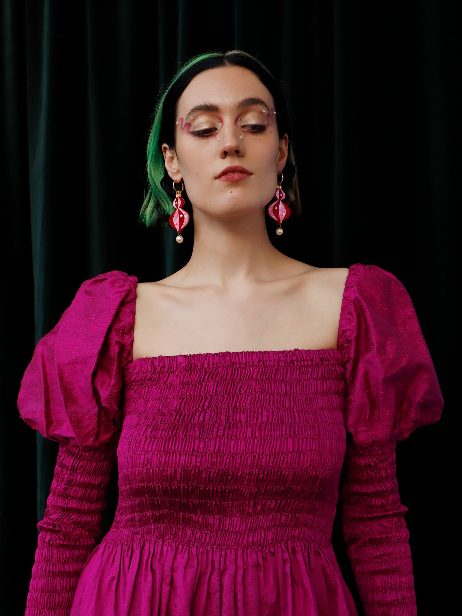 Vintage-inspired bauble statement hoops made from red and pink marbled acrylic with gold mirror details. Wear with our gold-filled hoops. Handmade in London by Wolf & Moon.